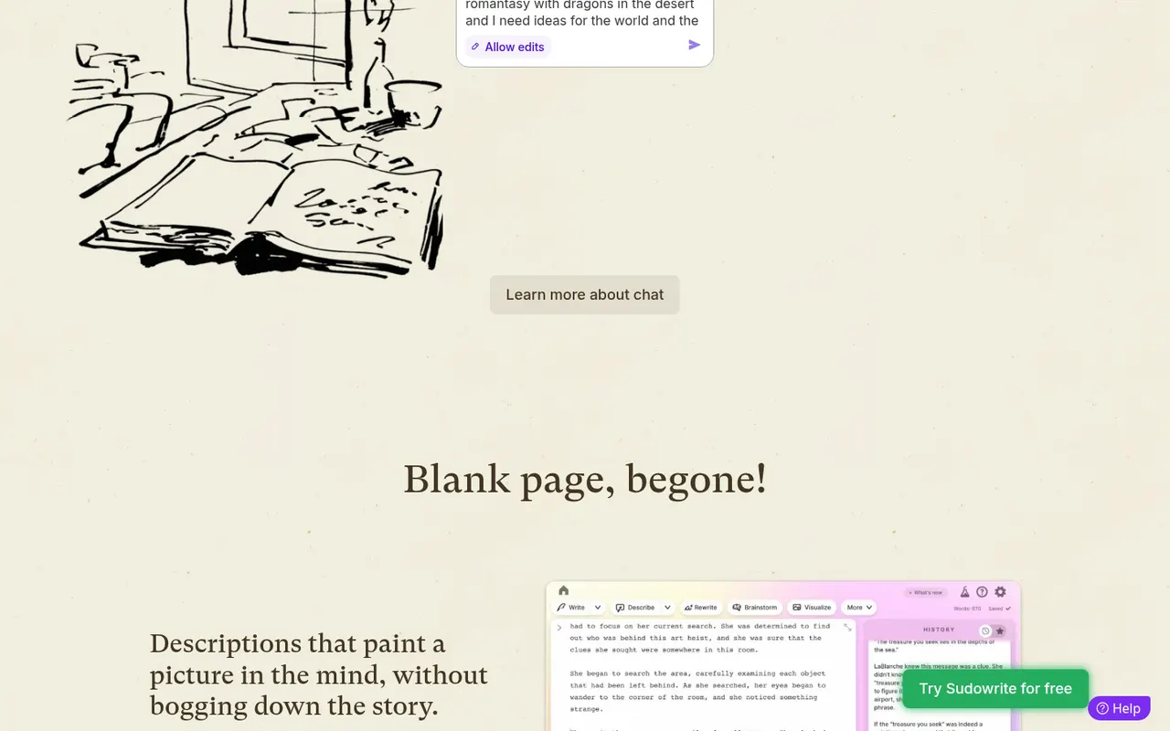 Sudowrite home page section 'Blank page, begone!' showing the chat panel and the Describe feature