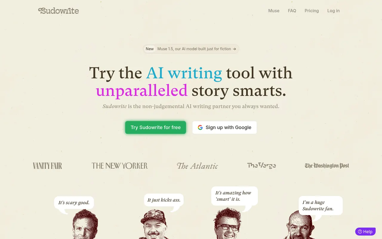 Sudowrite home page with the headline 'Try the AI writing tool with unparalleled story smarts'