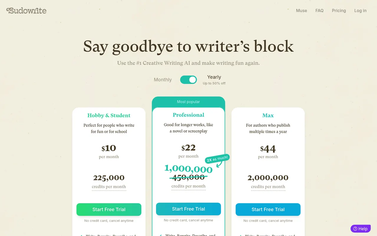 Sudowrite pricing page with yearly billing selected: $10, $22 and $44 per month