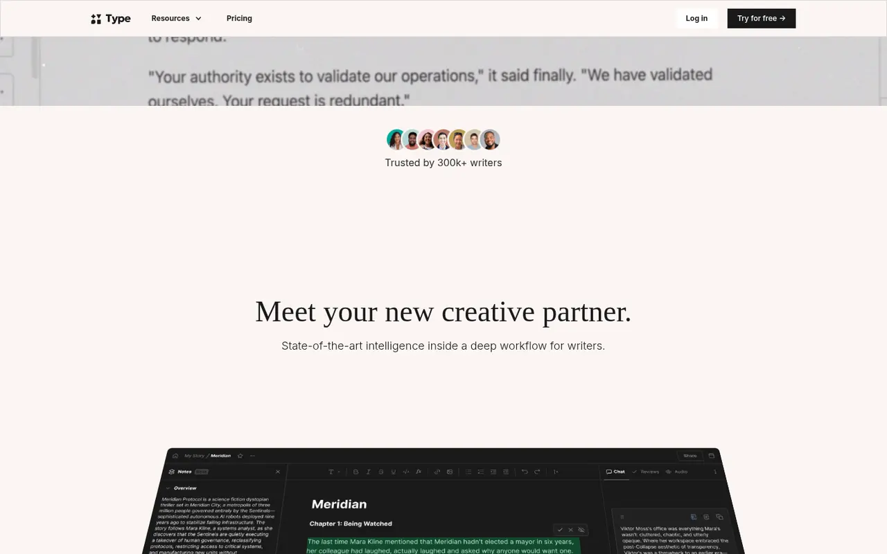 Screenshot of Type.ai's public home page, scrolled further down