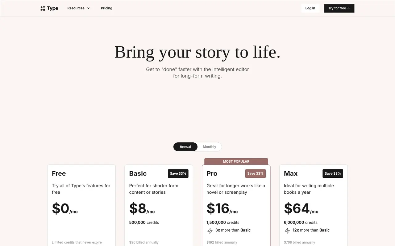 Screenshot of Type.ai's public pricing page