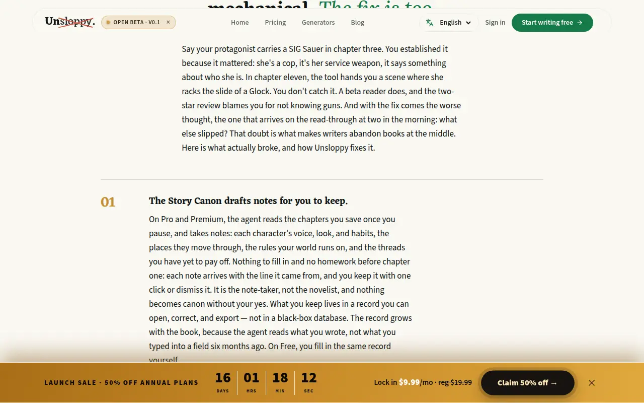 Unsloppy home page scrolled to the Story Canon and selective-recall explanation