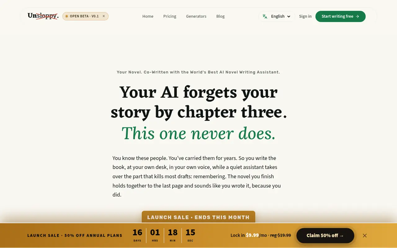 Unsloppy home page with the headline Your Novel. Co-Written with the World's Best AI Novel Writing Assistant.