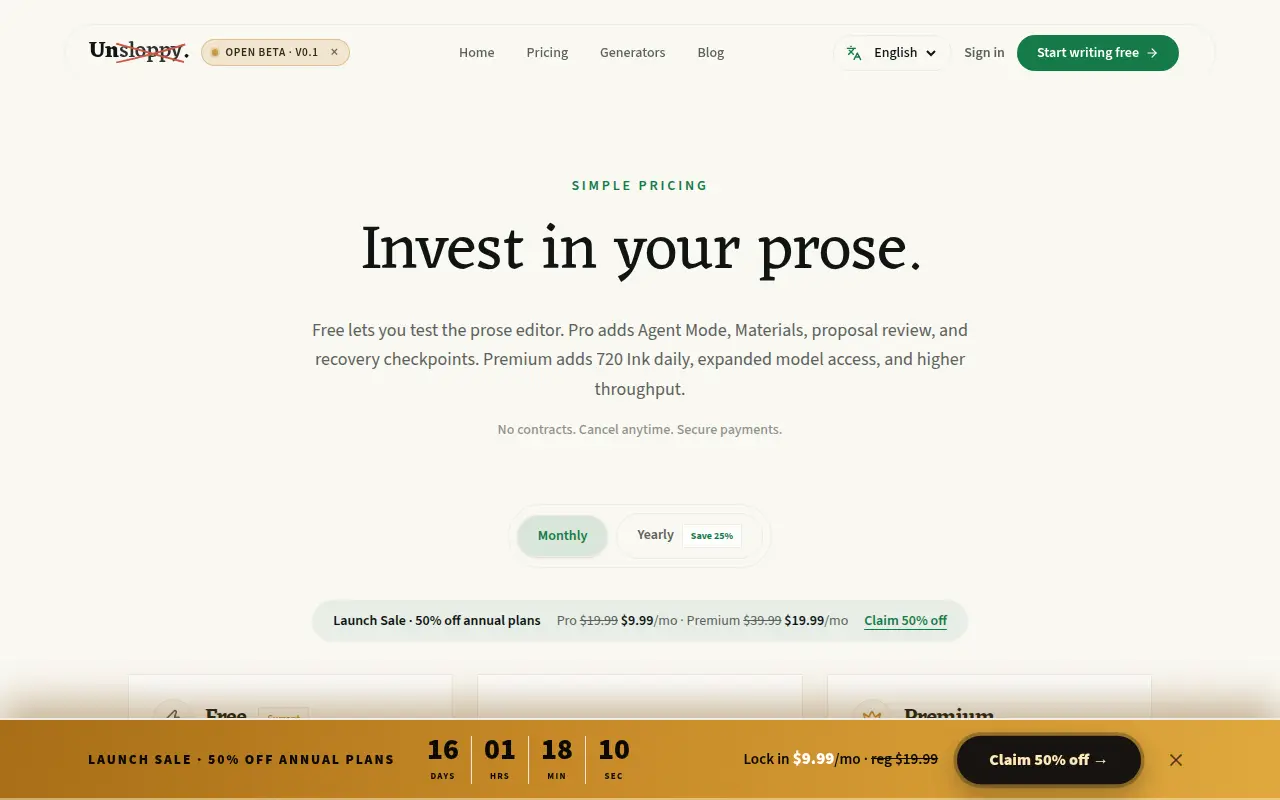 Unsloppy pricing with Free, Pro at $19.99 a month, and Premium at $39.99 a month