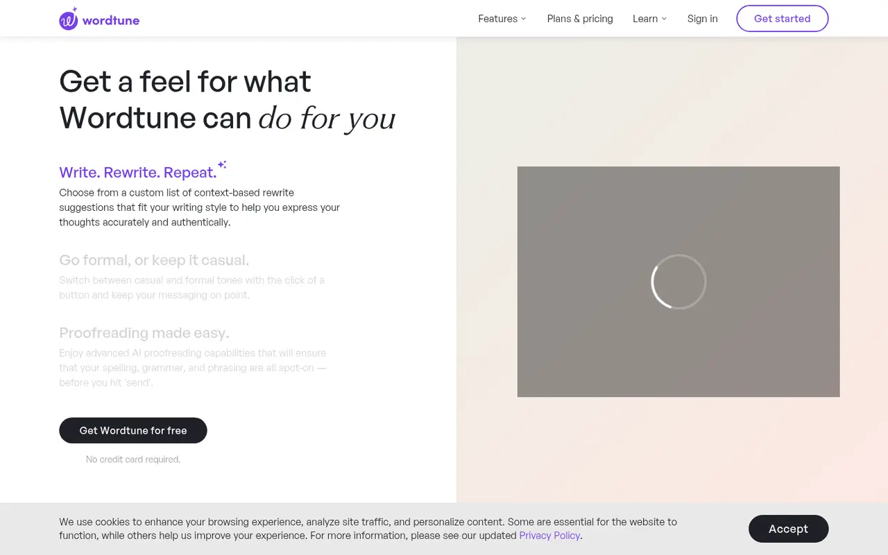 Screenshot of Wordtune's public home page, scrolled further down