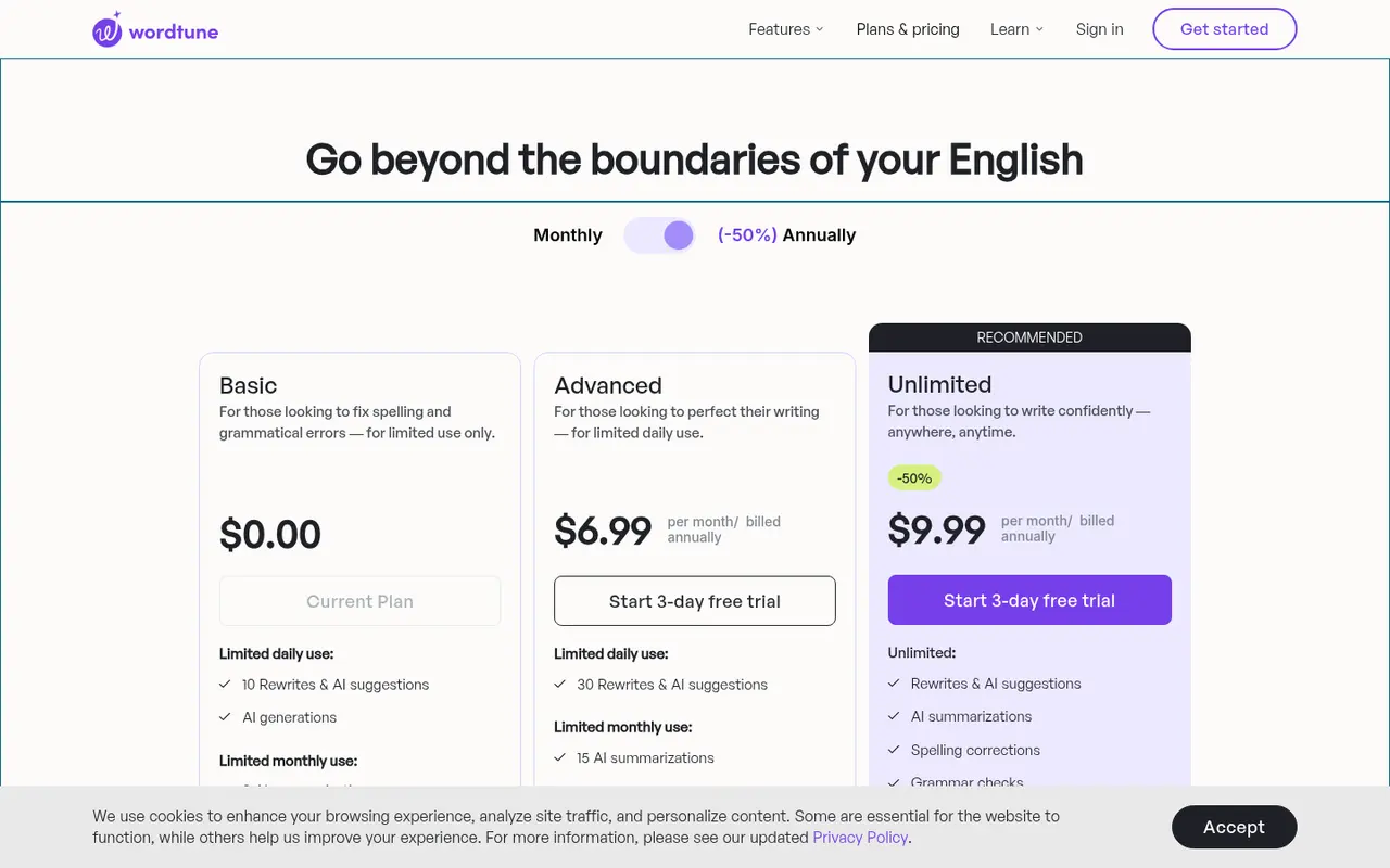 Screenshot of Wordtune's public pricing page