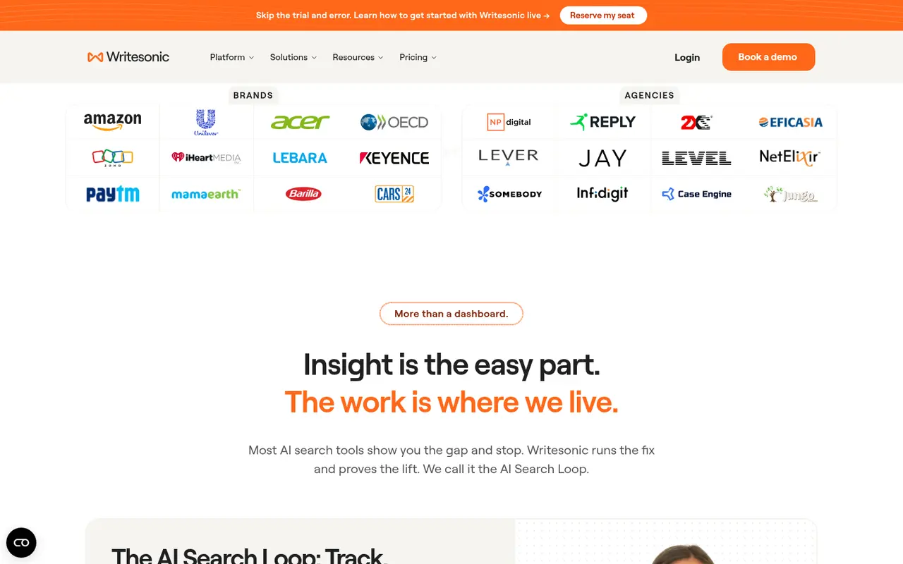 Screenshot of Writesonic's public home page, scrolled further down